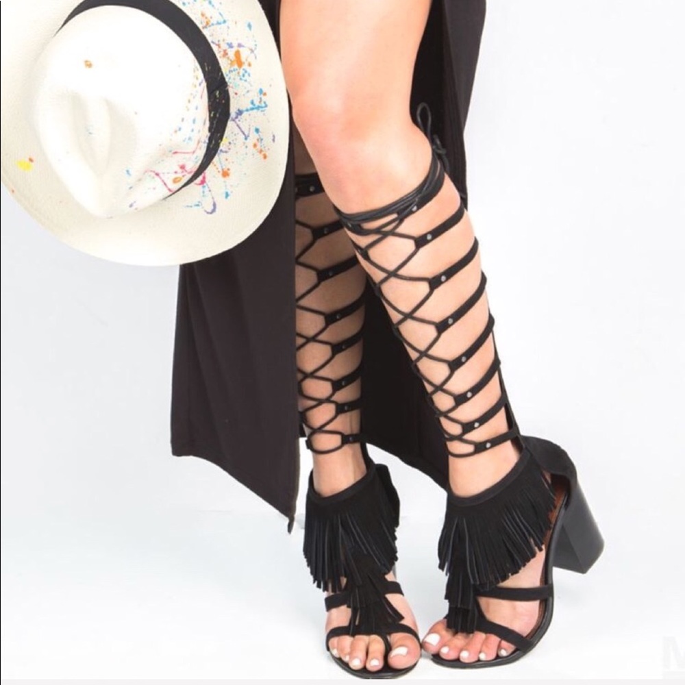 Black Boho Fringe Knee High Gladiator Sandal - Picture 2 of 3